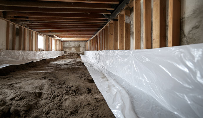 A crawlspace with a dirt floor during the process of installing a white vapor barrier